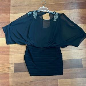 Women’s black cocktail mini dress, size 6, open-back